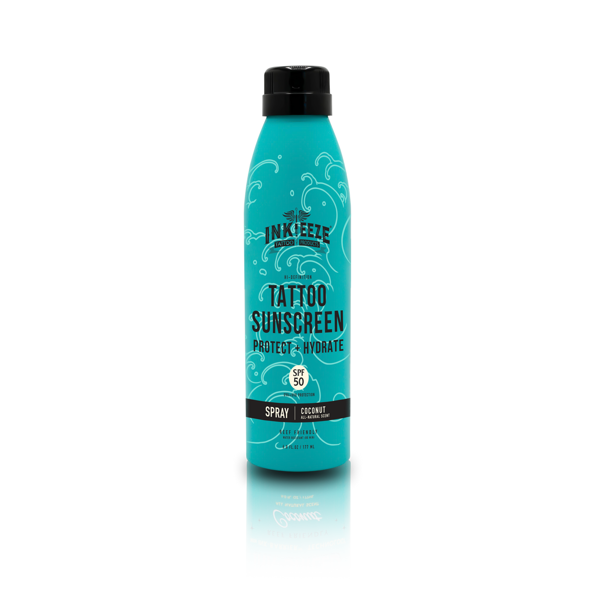 Tattoo sunscreen spray bottle with blue label on a white background