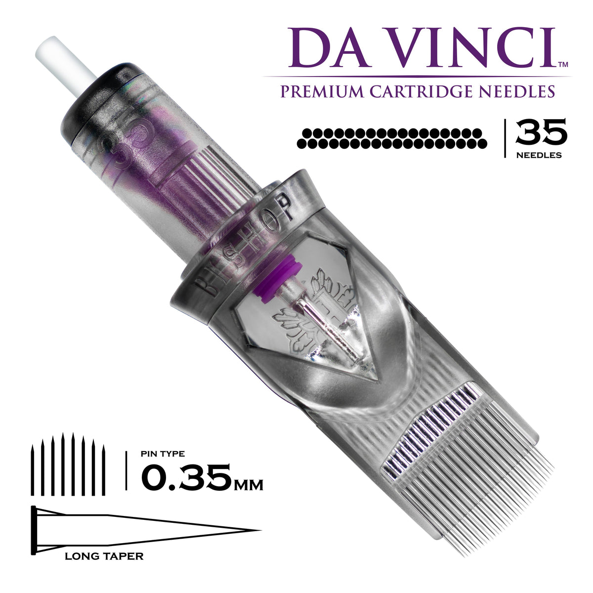Da Vinci tattoo cartridge needle with specifications on a white background