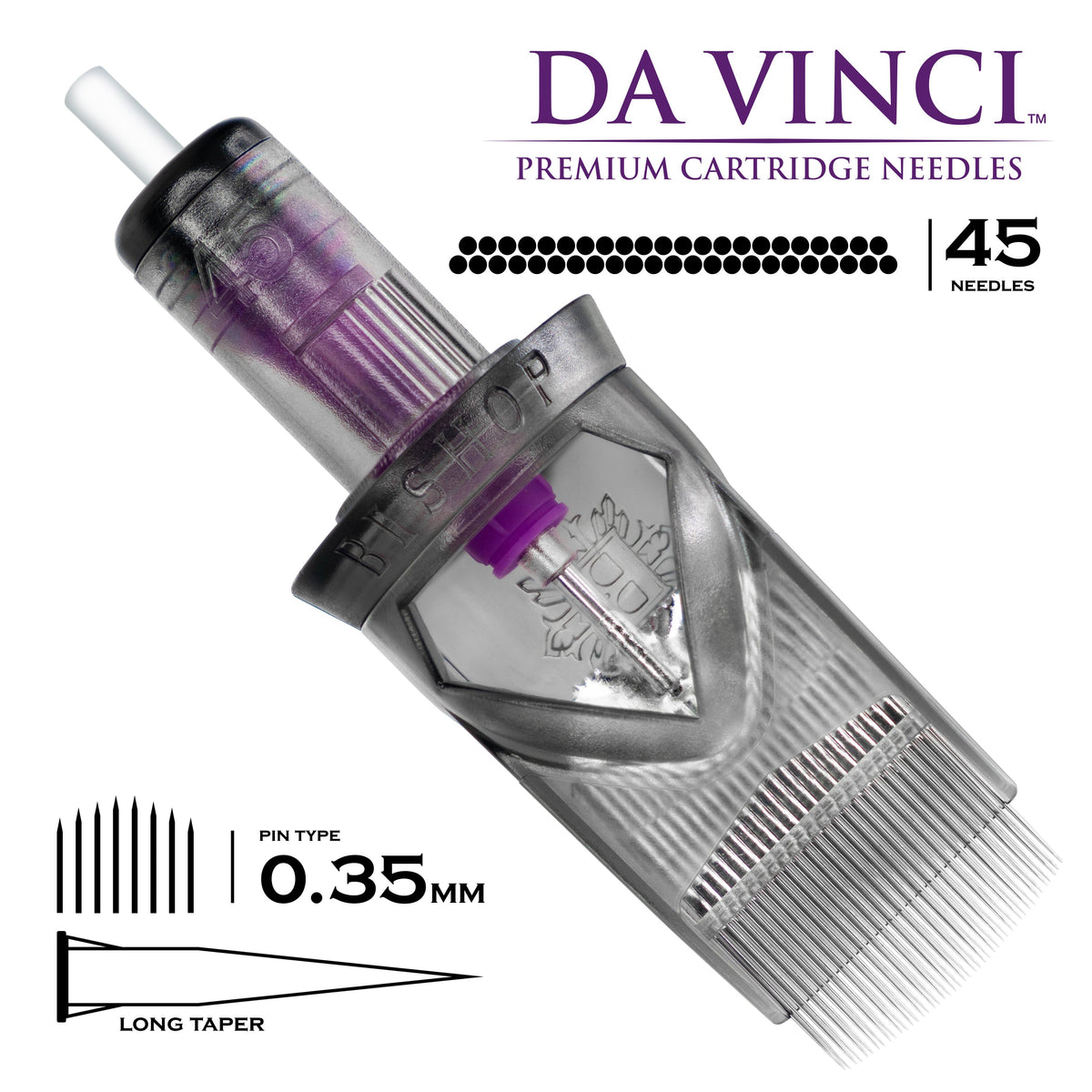 Da Vinci tattoo cartridge needle with specifications on a white background