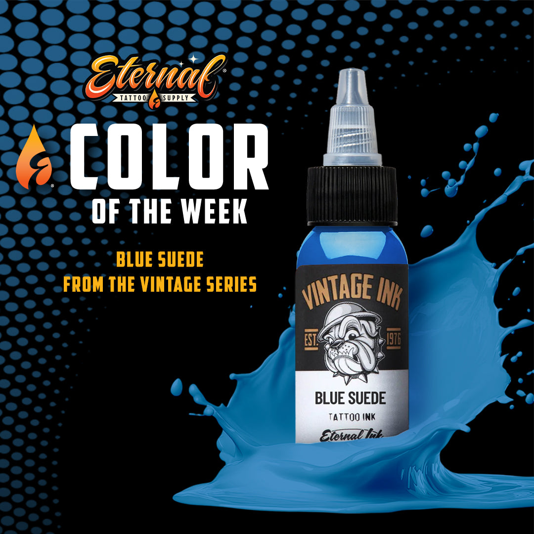 Tattoo ink bottle labeled 'Blue Suede' from Eternal Tattoo Supply with a blue splash and text about color of the week.