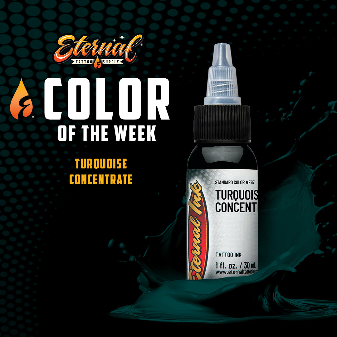 Tattoo ink bottle with 'Eternal Tattoo Supply' branding on a dark background