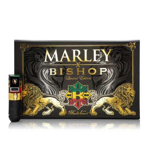 Marley x Bishop limited edition product packaging with gold lions and Rastafarian colors on a black background.