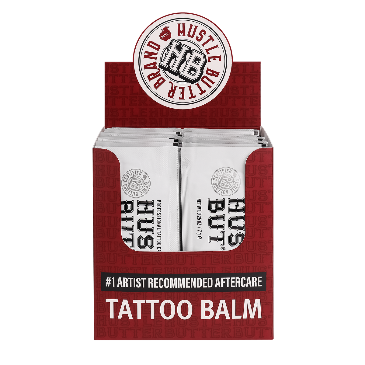 Display box of Hustle Butter Tattoo Balm with brand logo on a white background