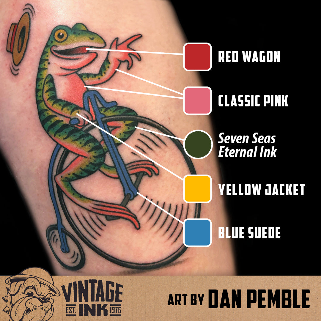 Tattoo of a frog on a person's arm with color swatches and names, art by Dan Pemble.