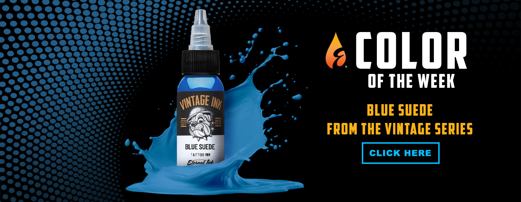 Bottle of blue ink with splashes on a black background, featuring 'Color of the Week' text.