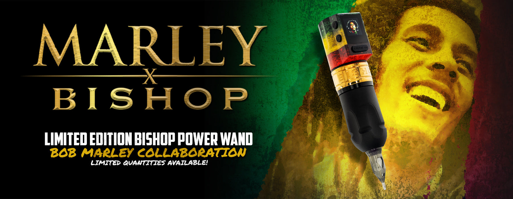 Advertisement for a limited edition Bob Marley collaboration featuring a Bishop power wand with a colorful background.