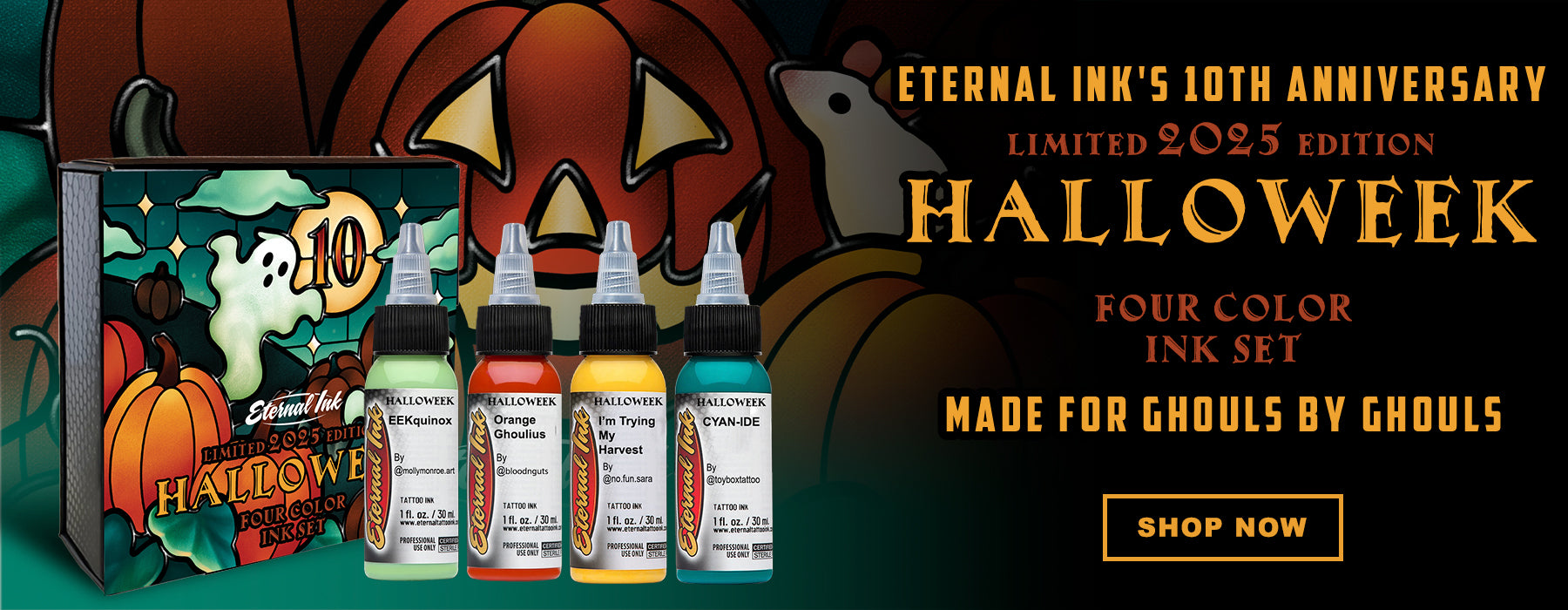 Eternal Ink's Halloween-themed ink set with pumpkins and ghost graphics on a dark background.