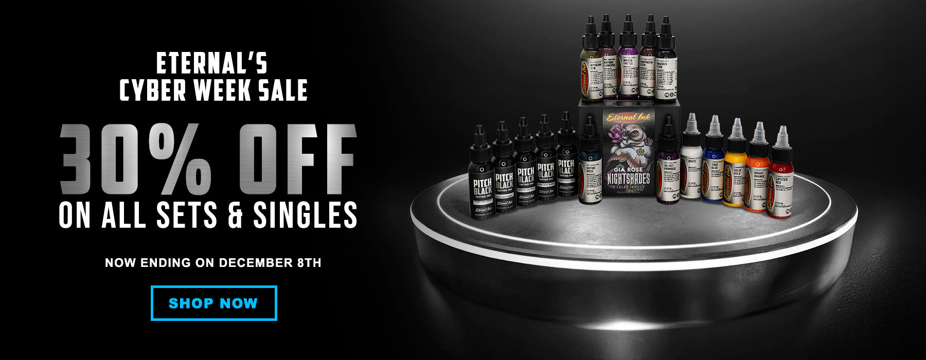 Promotional banner for Eternal's Cyber Week Sale with tattoo ink products on a dark background