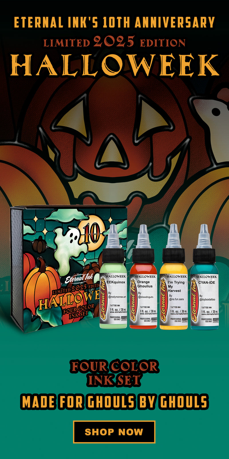 Promotional image for Eternal Ink's Halloween-themed ink set with pumpkins and ghost design.
