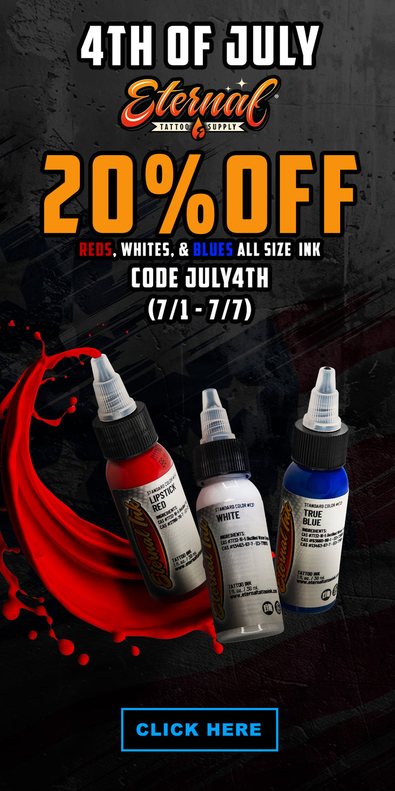 Promotional banner for 4th of July sale on tattoo ink with bottles and red and blue splashes.