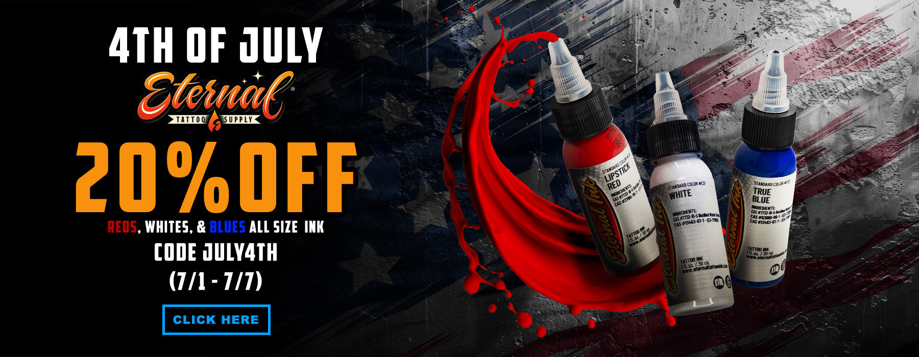 Promotional banner for 4th of July tattoo ink sale with bottles on a dark background.