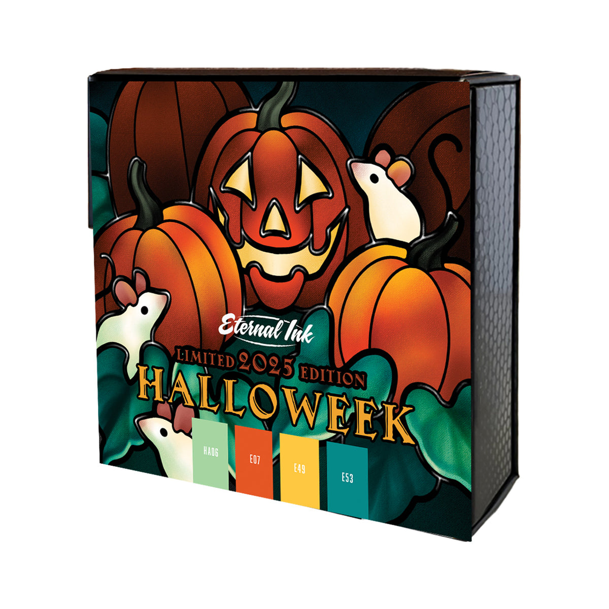 Halloween-themed product packaging with pumpkins and mice, featuring 'Eternal Ink Limited 2023 Edition HALLOWEEN'.