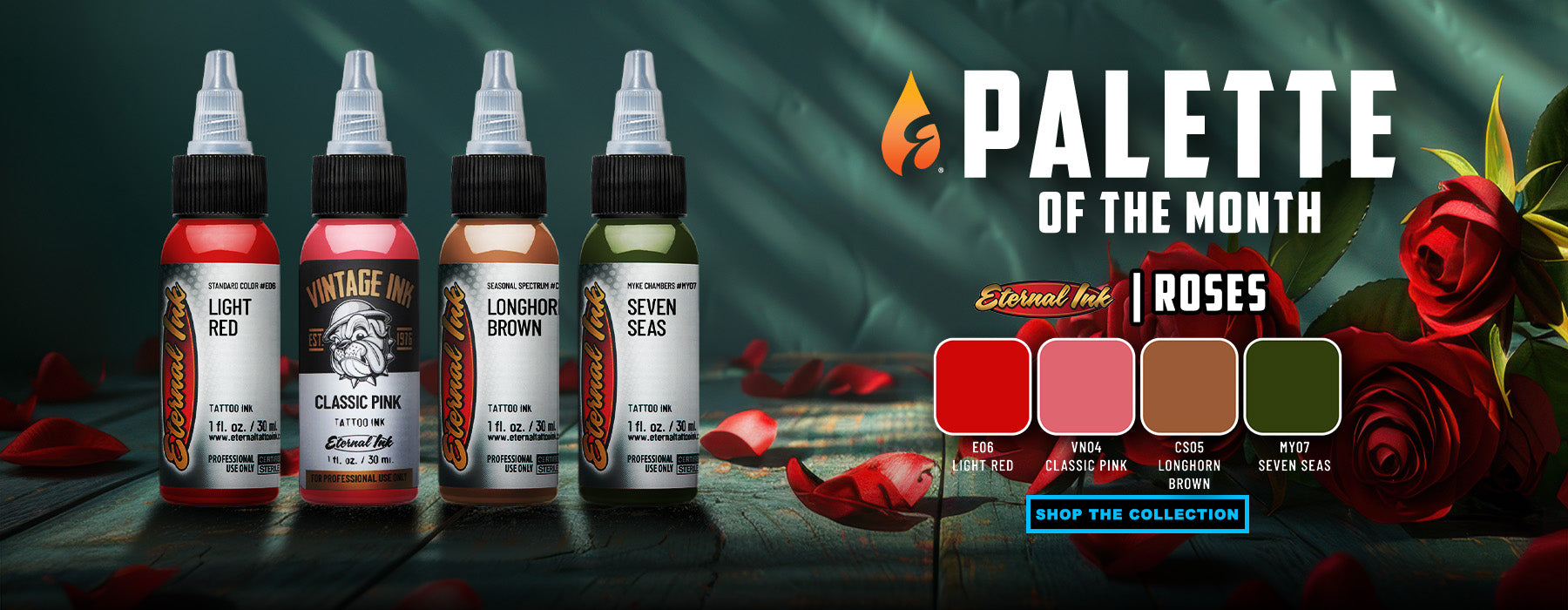 Collection of tattoo ink bottles with a 'Palette of the Month' theme featuring roses.