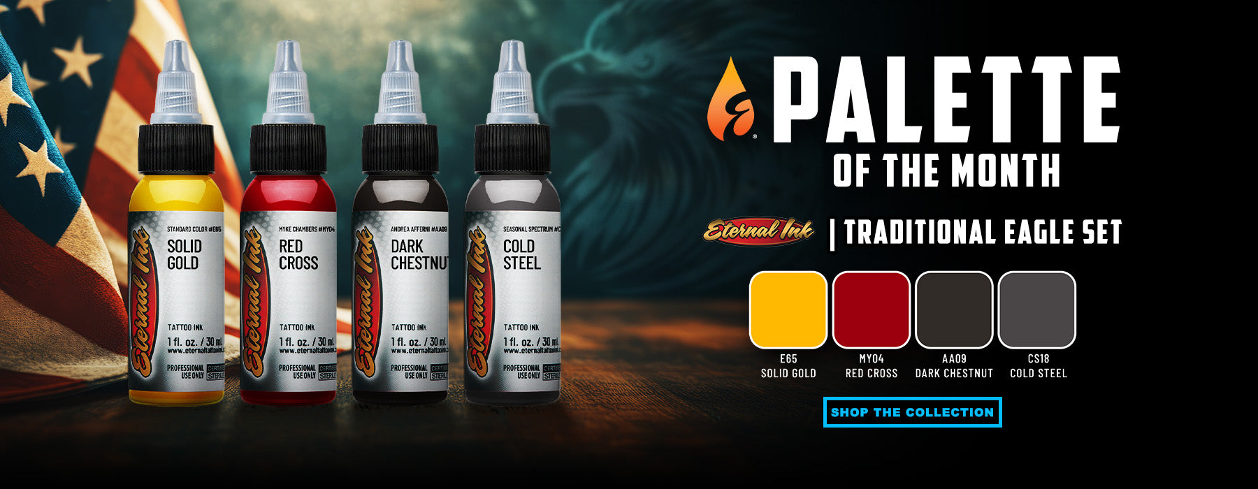 Collection of tattoo ink bottles with a promotional banner for 'Palette of the Month' on a dark background.