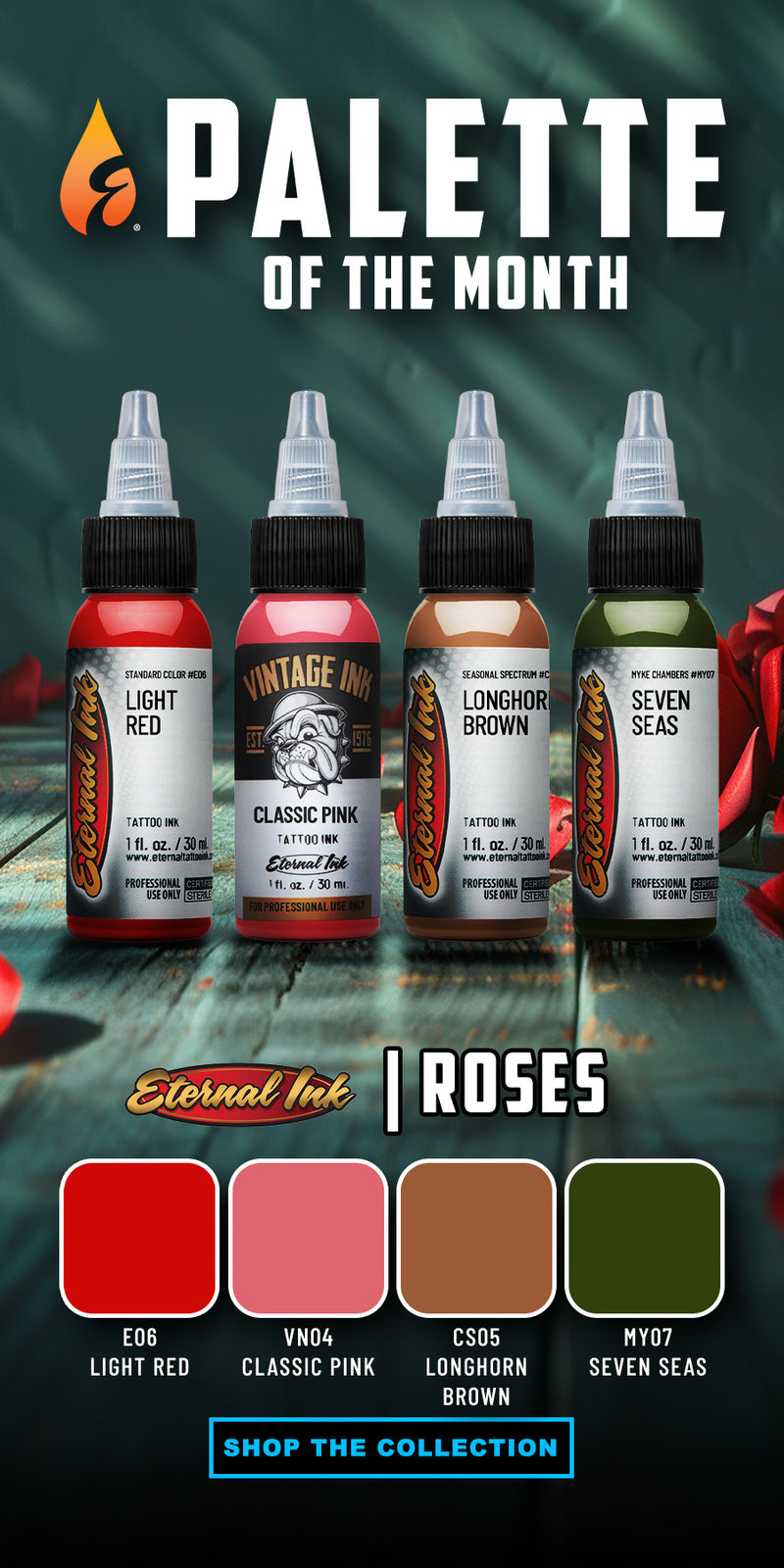 Eternal Ink tattoo ink bottles with color swatches and 'Palette of the Month' text on a dark background.