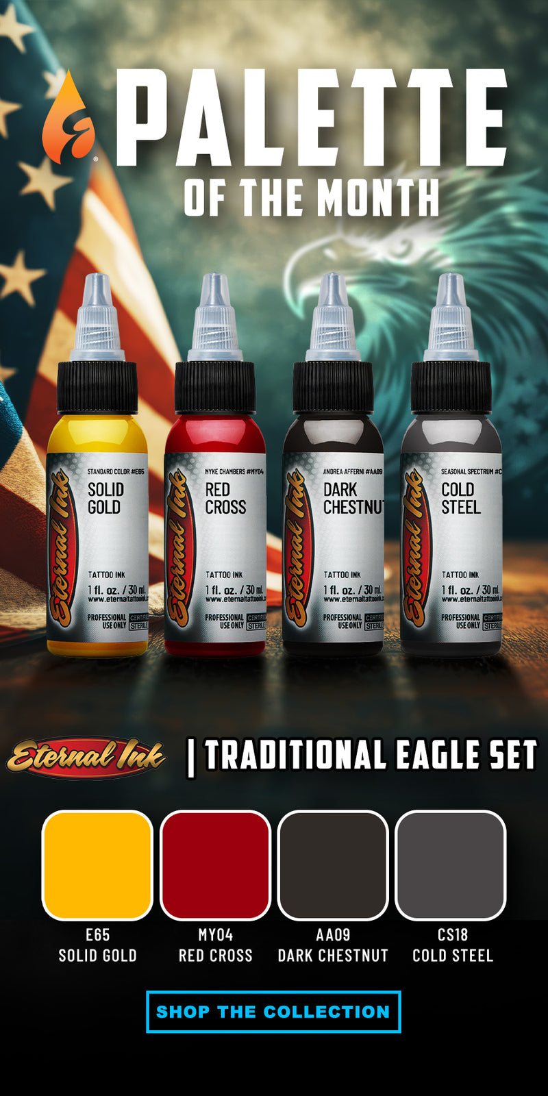 Eternal Ink Traditional Eagle Set with ink bottles and color swatches on a dark background.