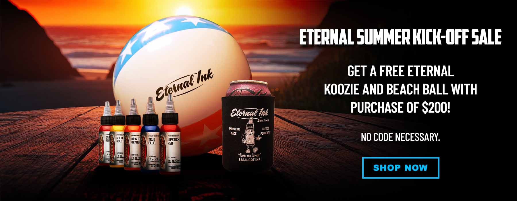 Promotional banner for Eternal Ink with beach ball, ink bottles, and sunset background