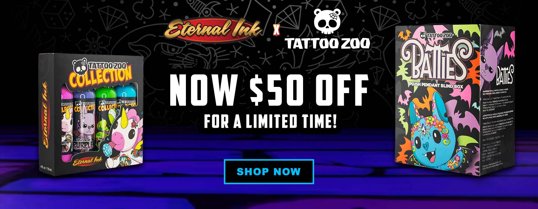 Promotional banner for Eternal Ink x Tattoo Zoo featuring two boxed tattoo ink sets, a large 'NOW $50 OFF' offer, and a blue 'SHOP NOW' button on a dark graphic background.