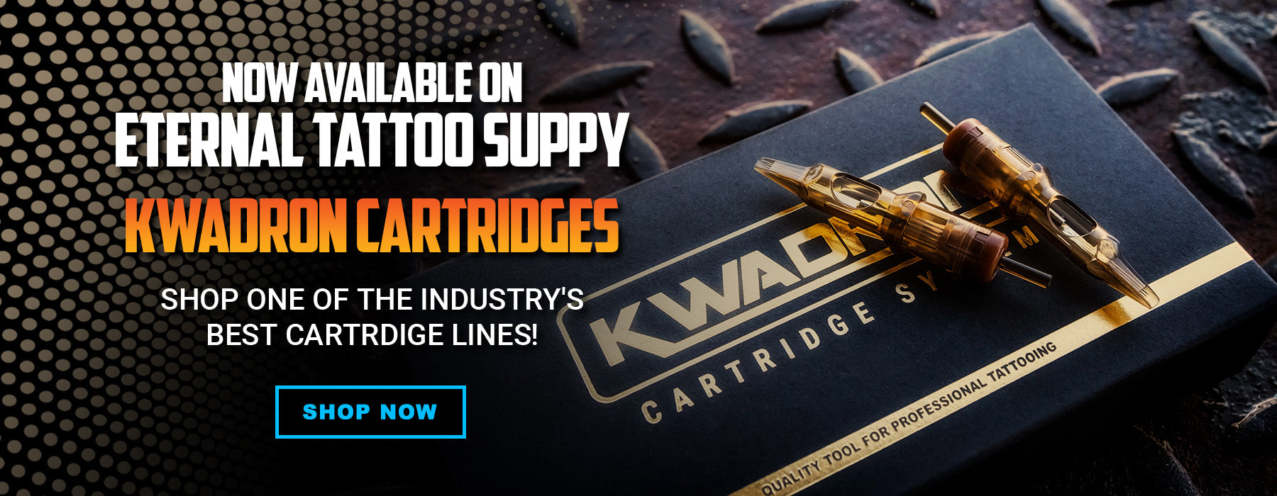 Advertisement for Kwadron cartridges on Eternal Tattoo Supply with a close-up of cartridge packaging.