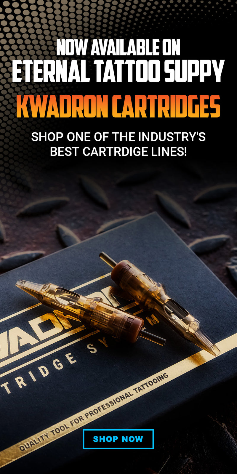 Advertisement for Kwadron cartridge set on a black background with promotional text.