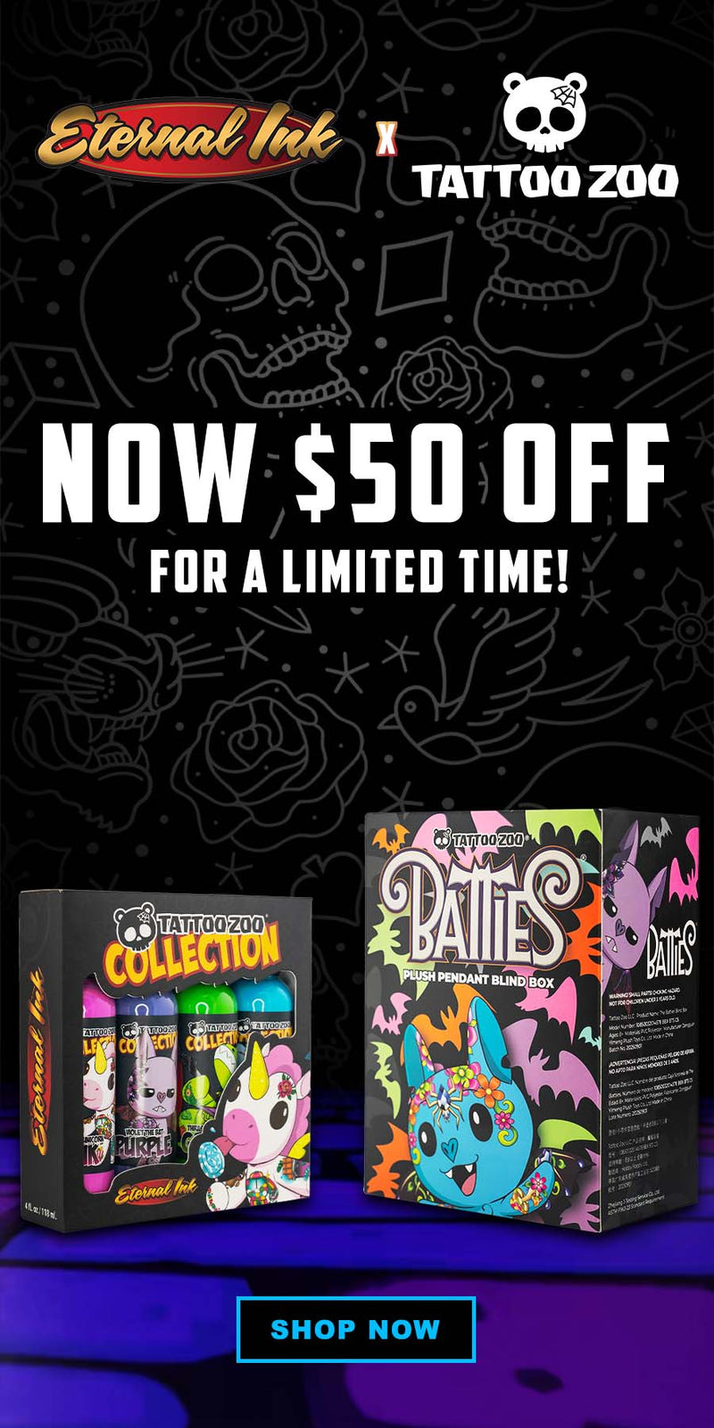 Promotional graphic for Eternal Ink x Tattoo Zoo featuring a $50 off offer, with two illustrated product boxes displayed at the bottom against a black background with white tattoo-style line art.