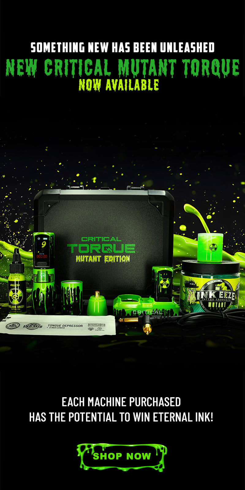 Promotional image of a product with green and black design, featuring text about a new 'Critical Mutant Torque' and a call to action.