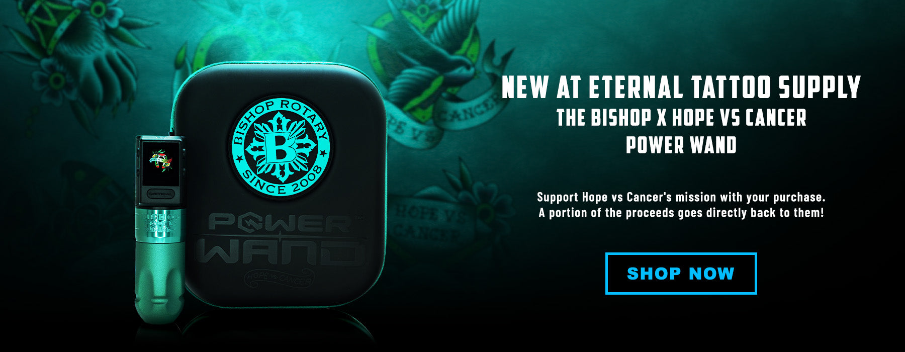 Power wand with branding and text on a dark background