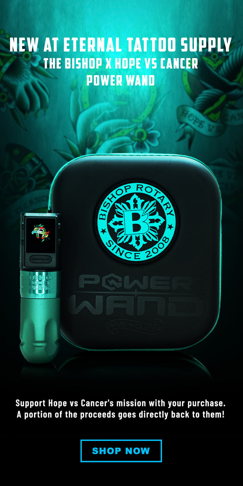 Power wand with Bishop X Hope vs Cancer branding on a dark background