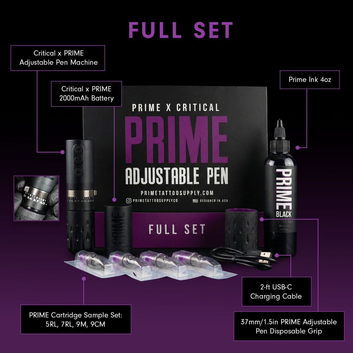 Prime X Critical adjustable pen set with packaging and components on a black and purple gradient background.