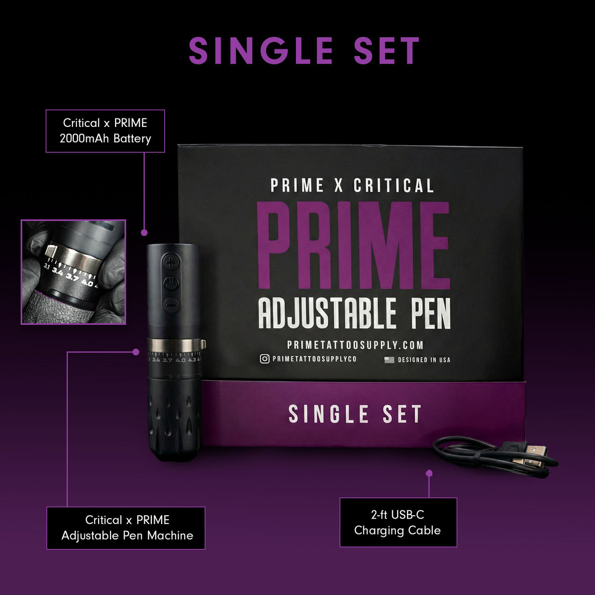Prime x Critical adjustable pen set with packaging and accessories on a dark background