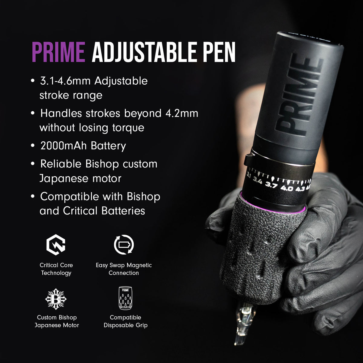 Prime adjustable pen with specifications listed on a black background