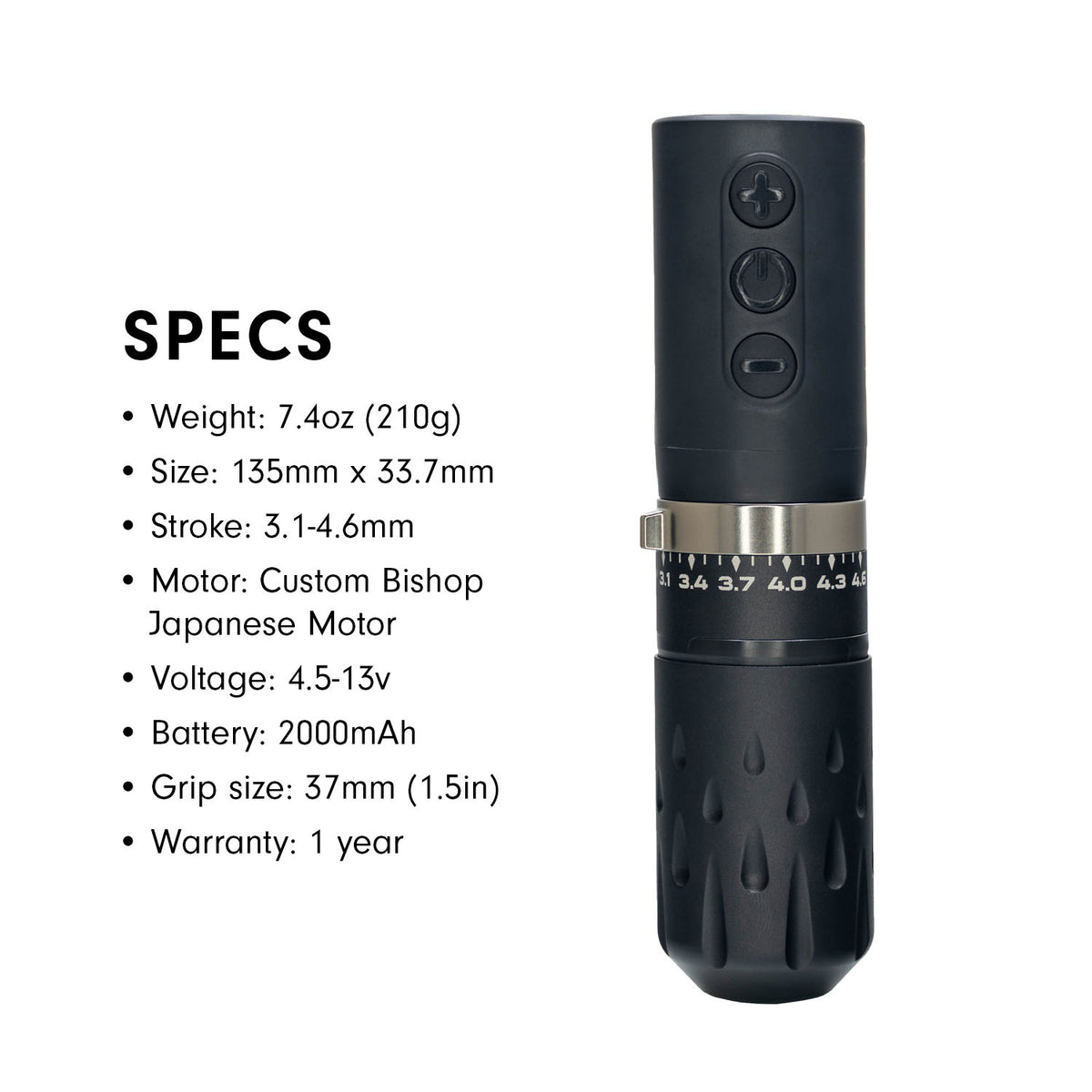 Black Prime Adjustable Pen with specifications listed on a white background