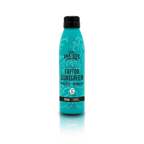 Tattoo sunscreen spray bottle with blue label on a white background