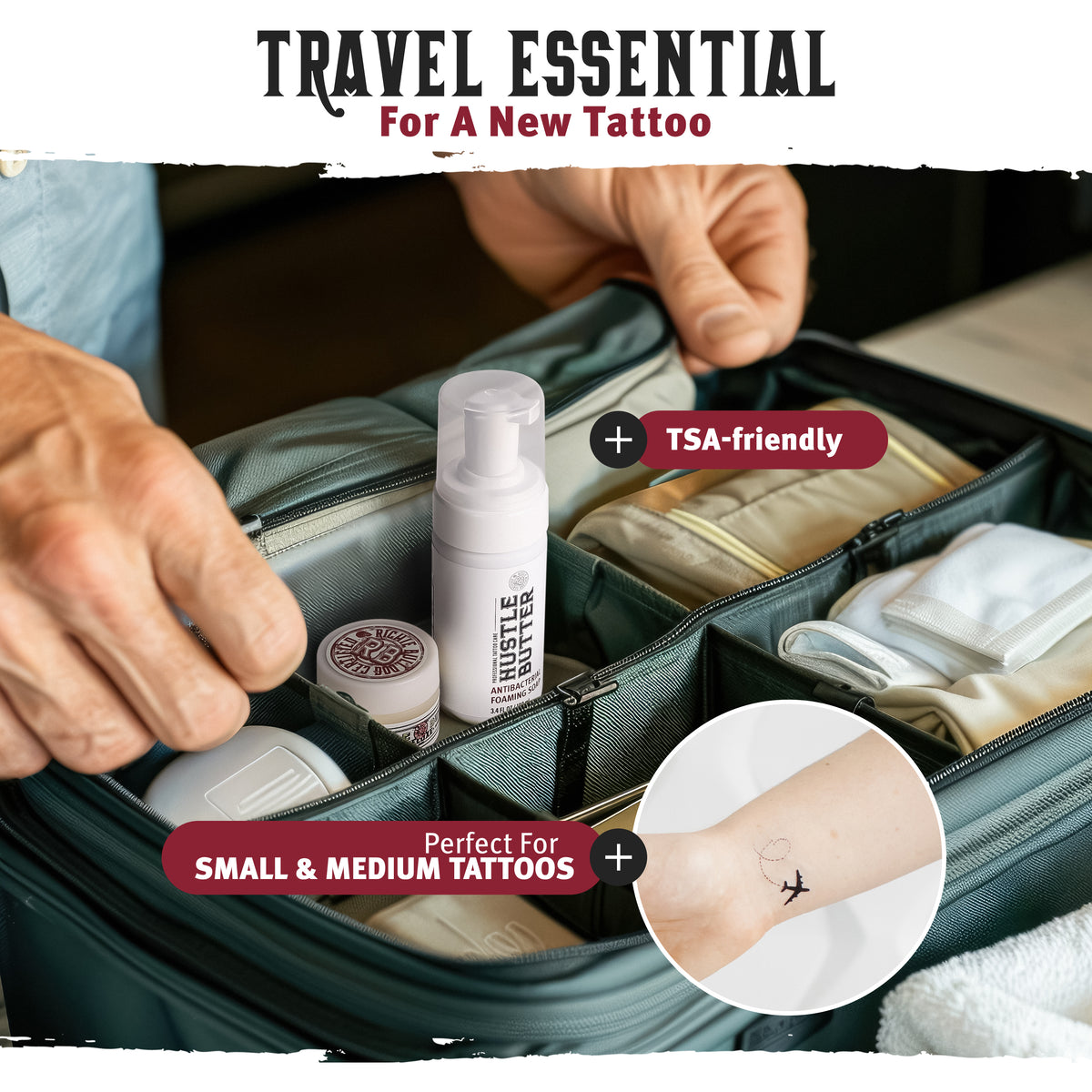 Travel kit for tattoo care with TSA-friendly label, close-up of tattoo, and 'Perfect for Small & Medium Tattoos' text.