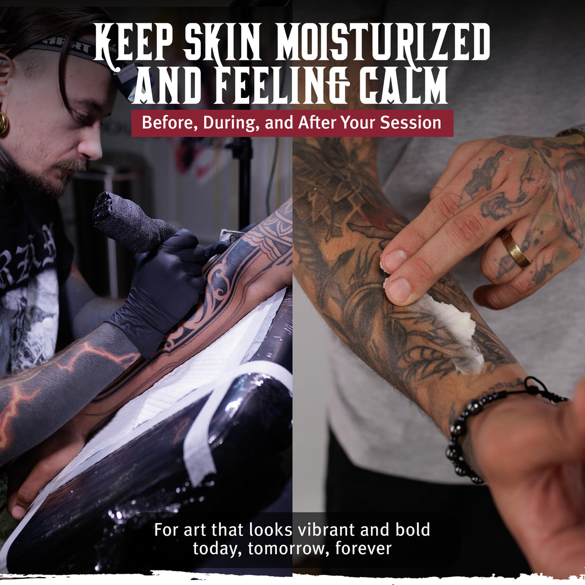 Tattoo artist applying lotion to a client's tattooed arm with text about skin care.