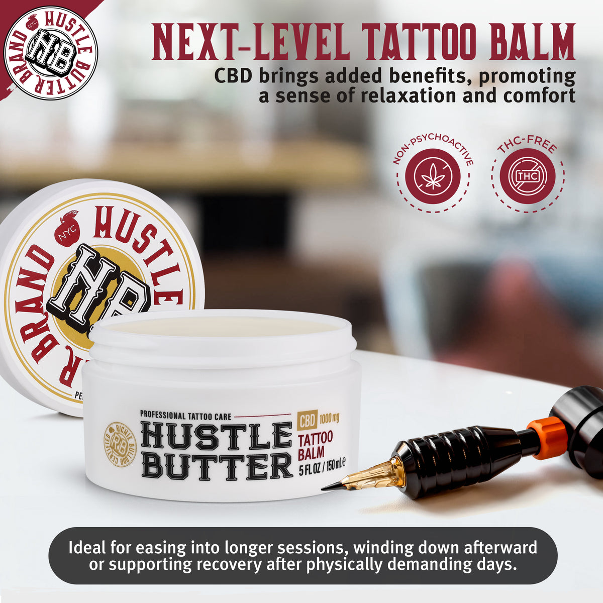 Hustle Butter tattoo balm with branding and product details on a blurred background