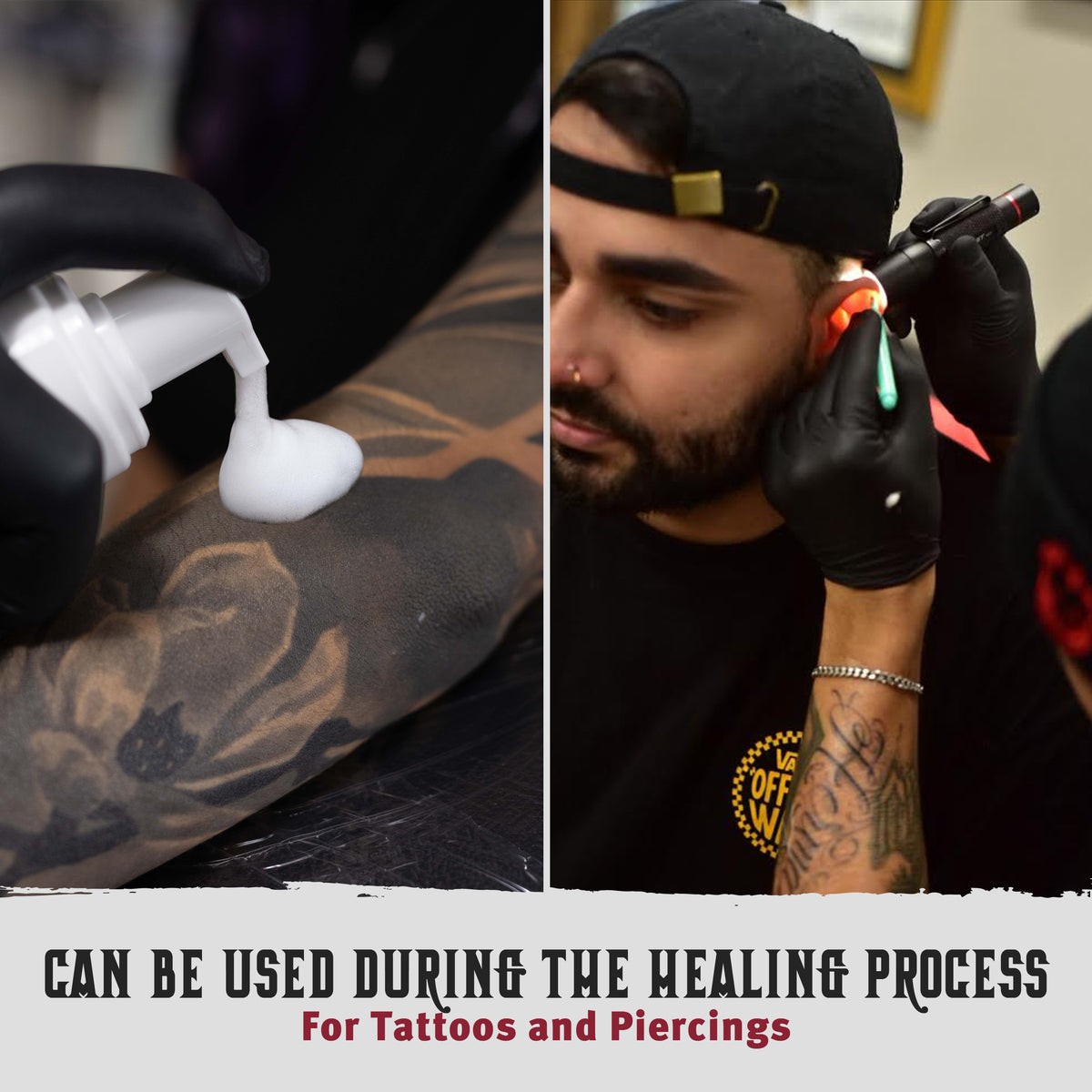 Tattoo machine and person with tattoo on arm, with text about use during healing process for tattoos and piercings.