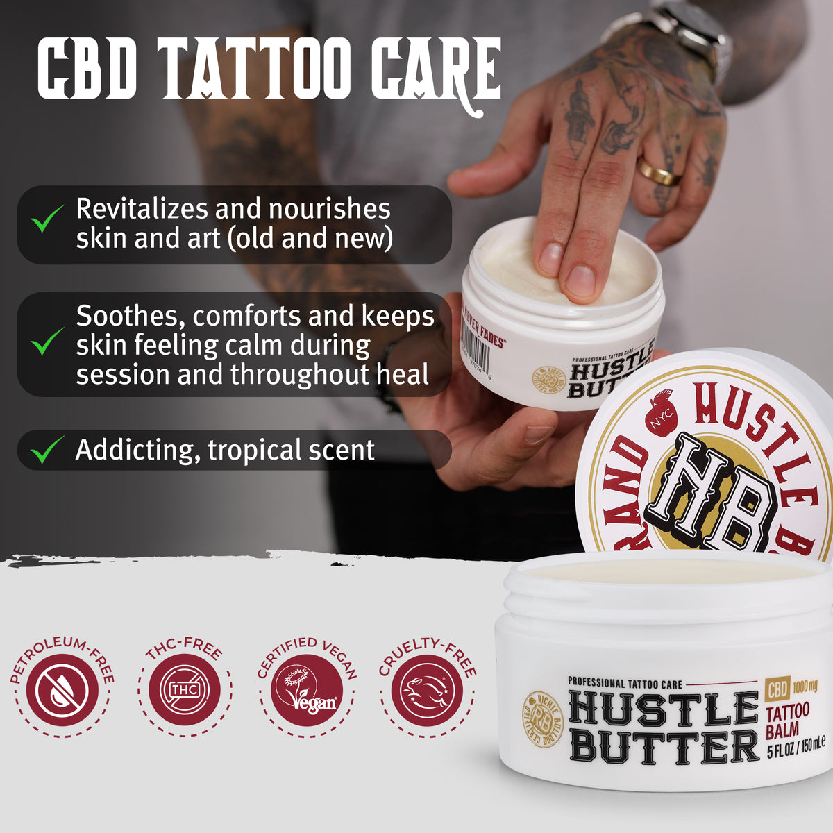 Hustle Butter tattoo balm with branding and product details on a neutral background