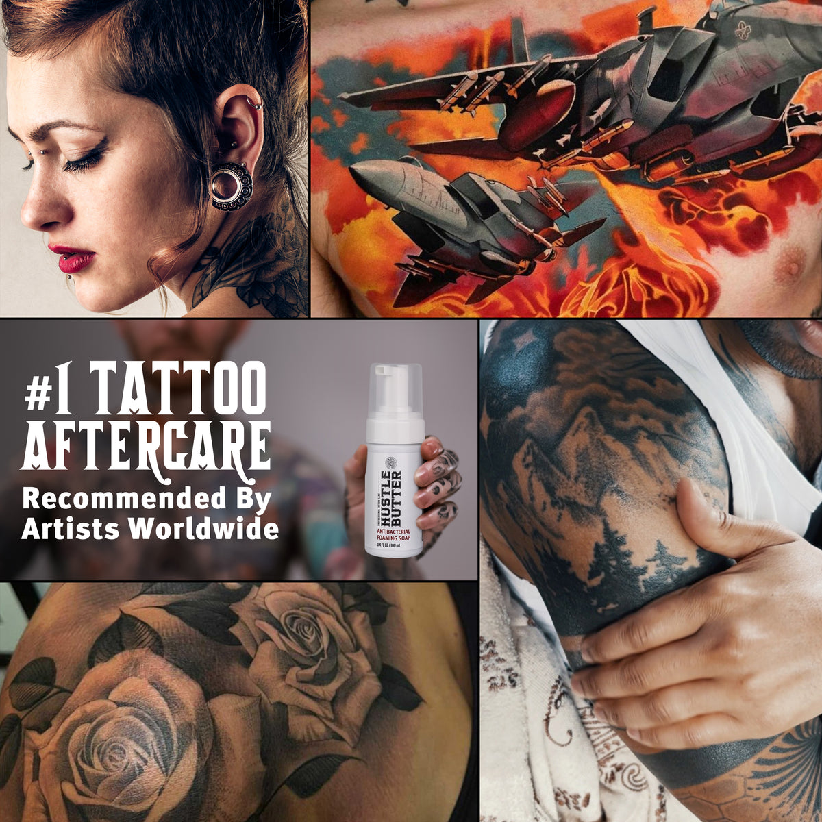Collage of tattooed individuals, tattoos, and a tattoo aftercare product with text '1 Tattoo Aftercare Recommended By Artists Worldwide'.