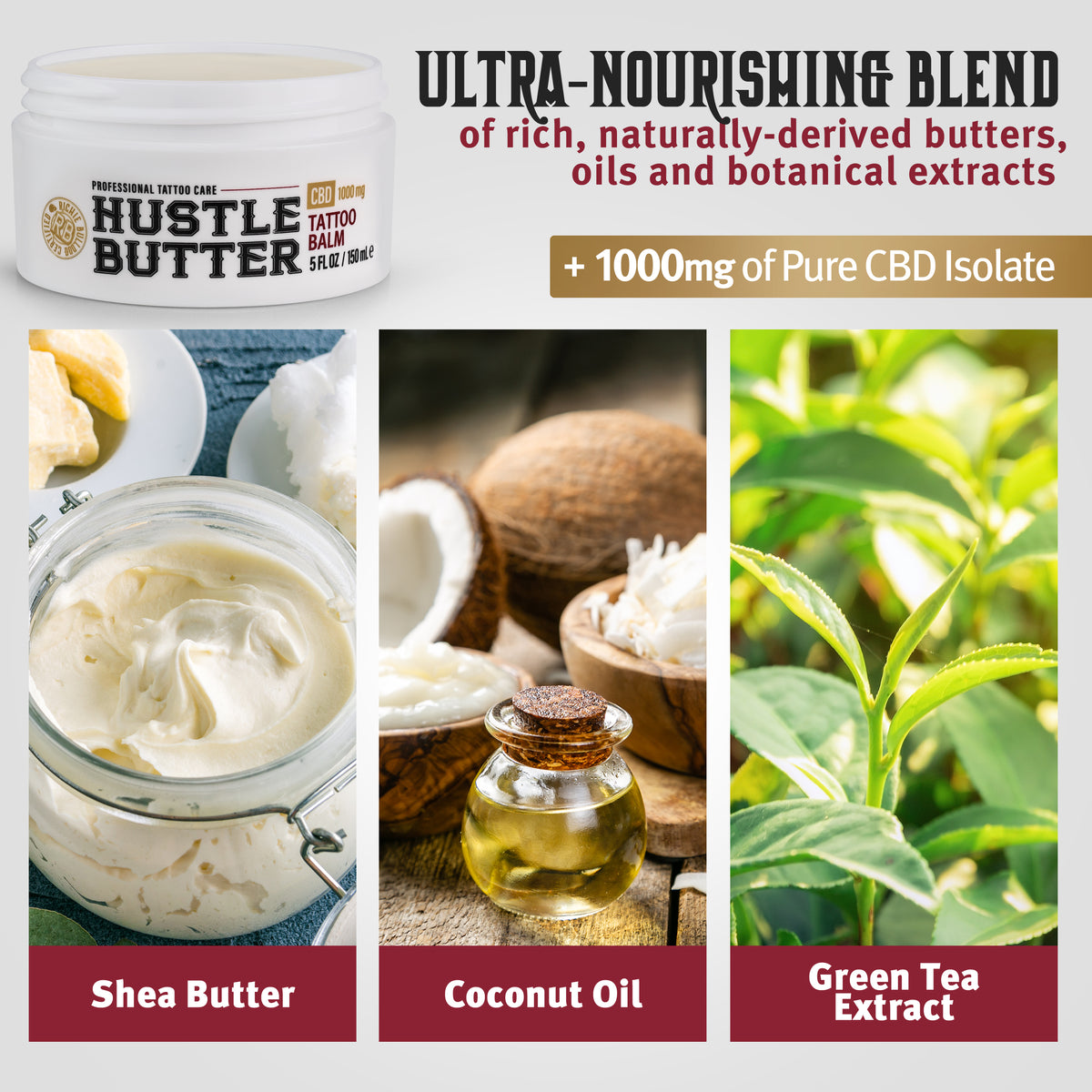 Promotional image of Hustle Butter tattoo balm with ingredients like shea butter, coconut oil, and green tea extract.