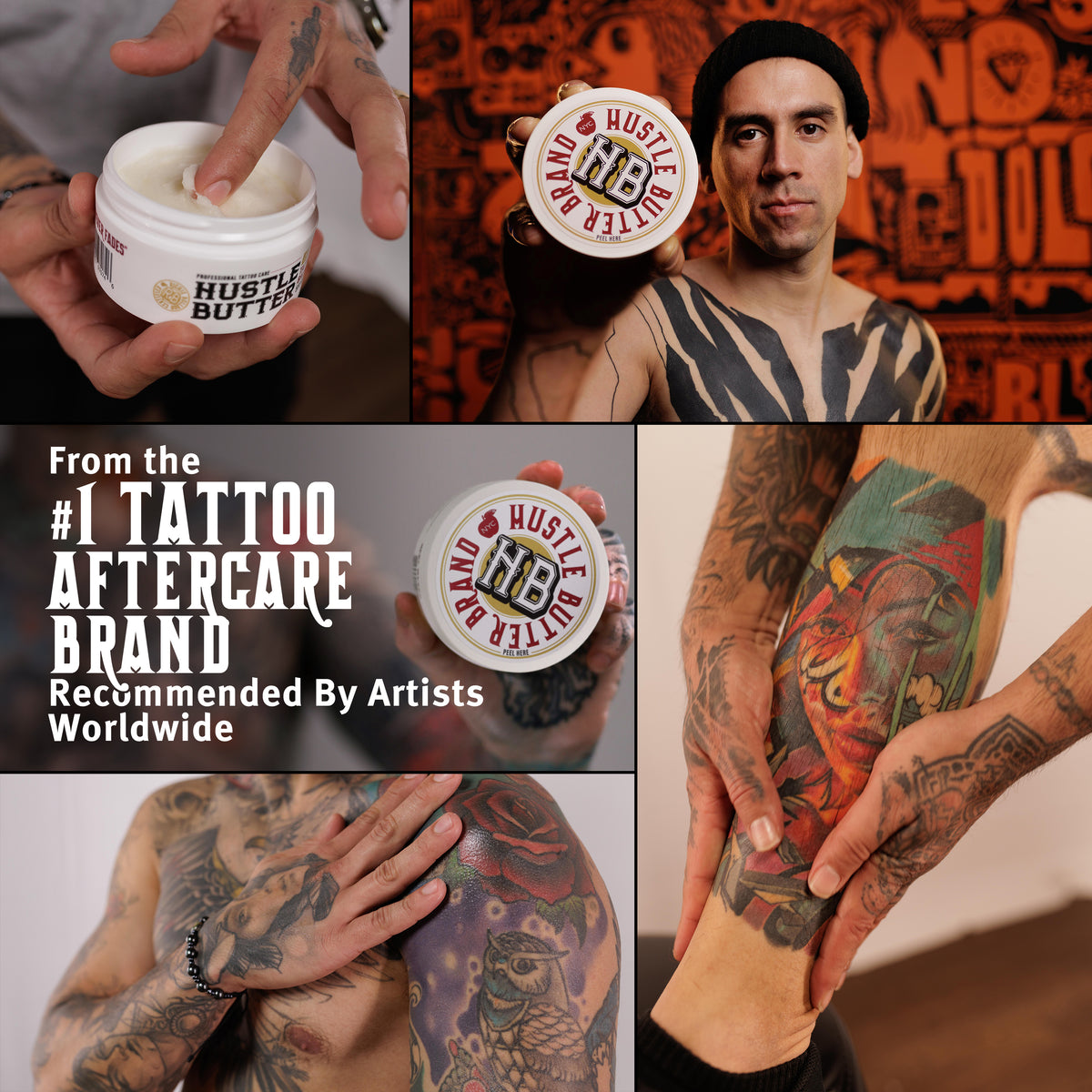 Collage of images featuring a tattoo aftercare product with text highlighting its popularity among artists.