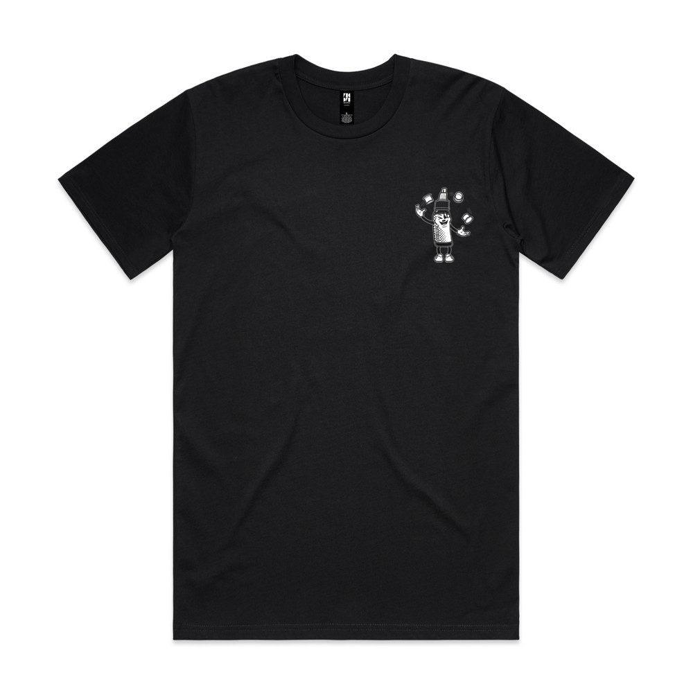 Black t-shirt with a ink bottle graphic on a white background