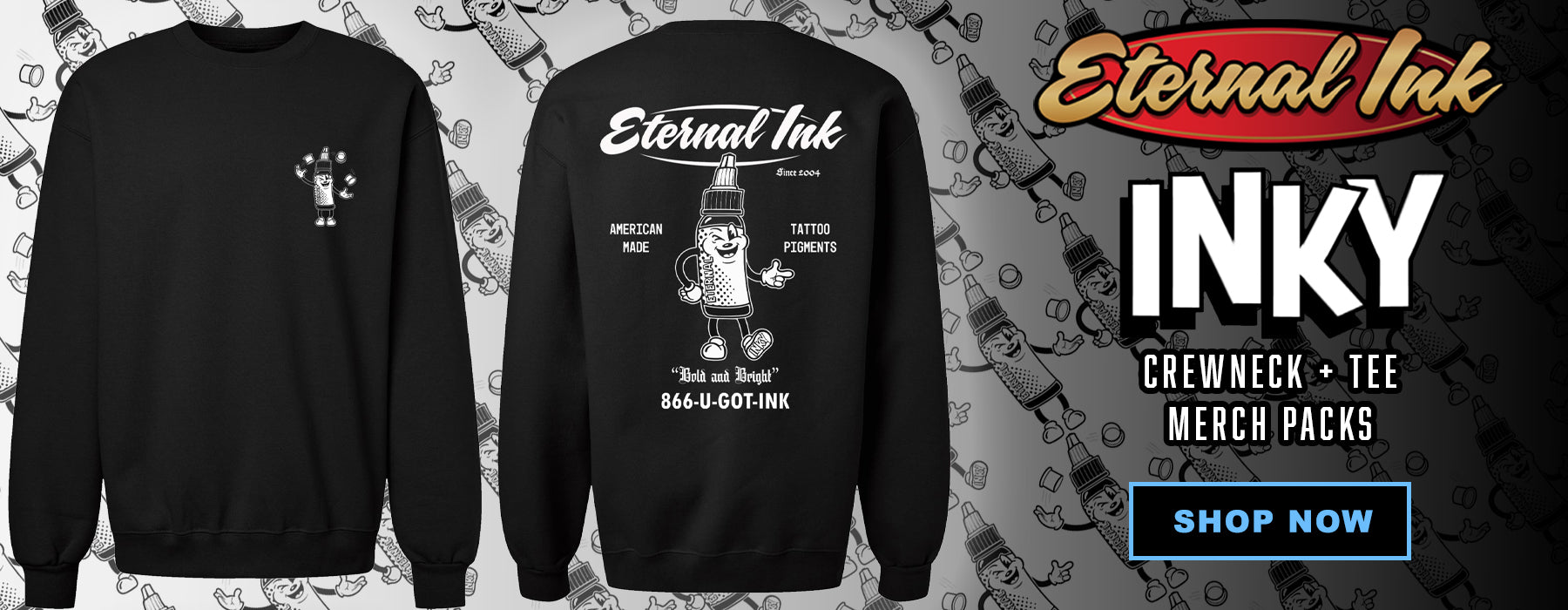 Black sweatshirt with 'Eternal Ink' design on a gray background with tattoo-themed graphics.