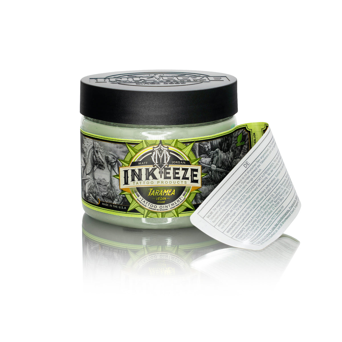 Jar of Inkteeze tattoo product with a black lid on a white background