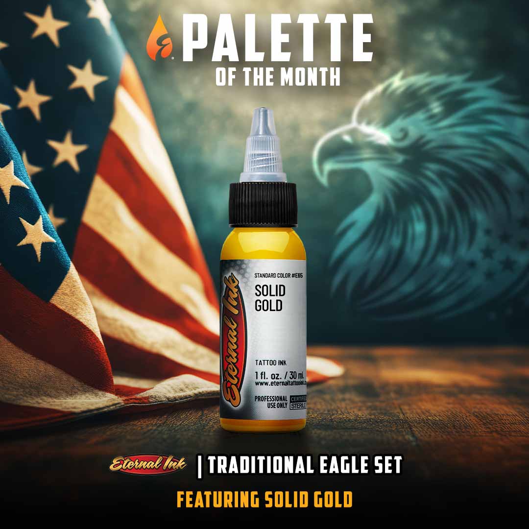 Bottle of tattoo ink with American flag and eagle in the background