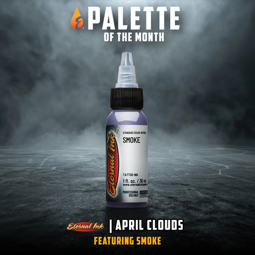 Tattoo ink bottle labeled 'Smoke' with 'Palette of the Month' text on a dark background