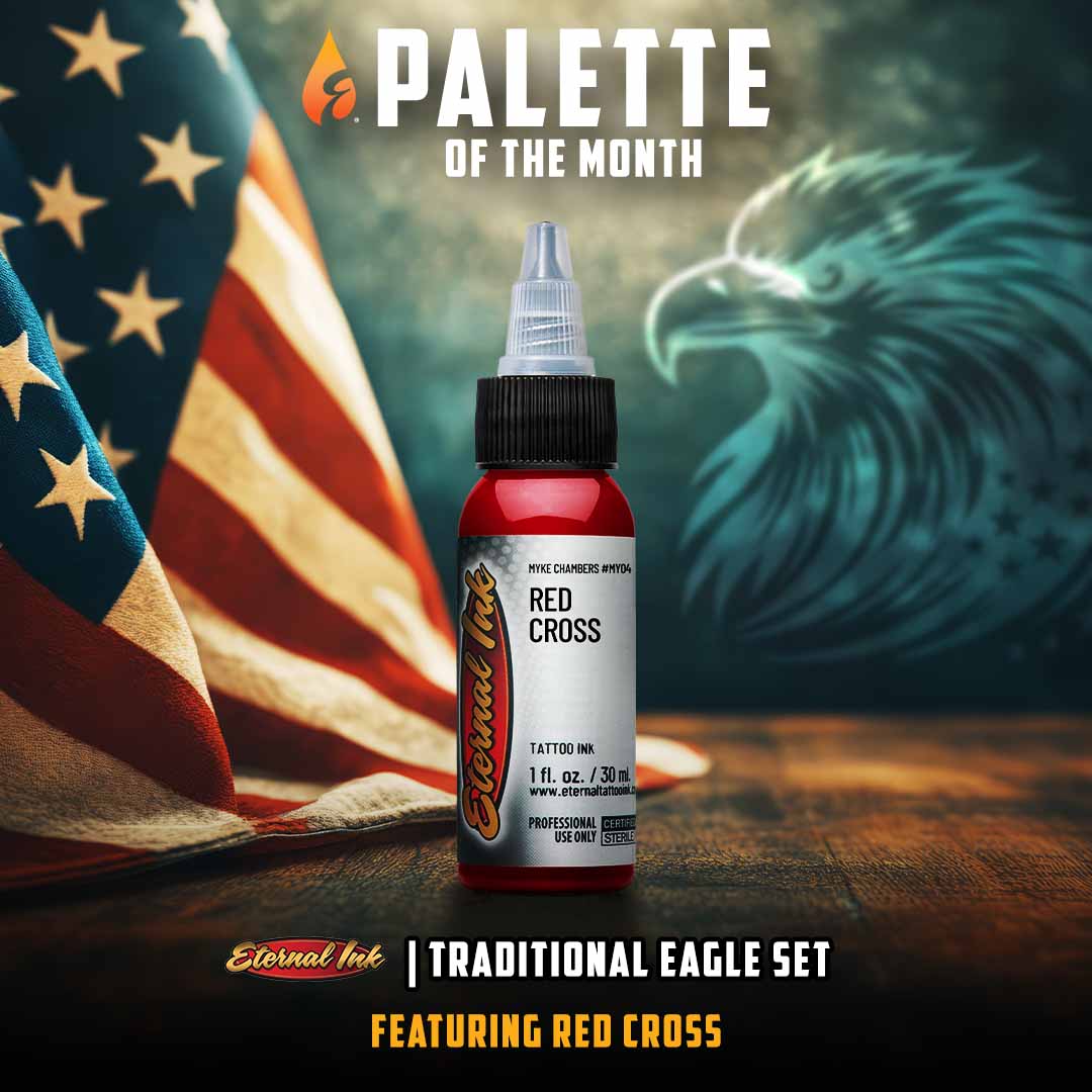 Tattoo ink bottle with American flag and eagle in the background
