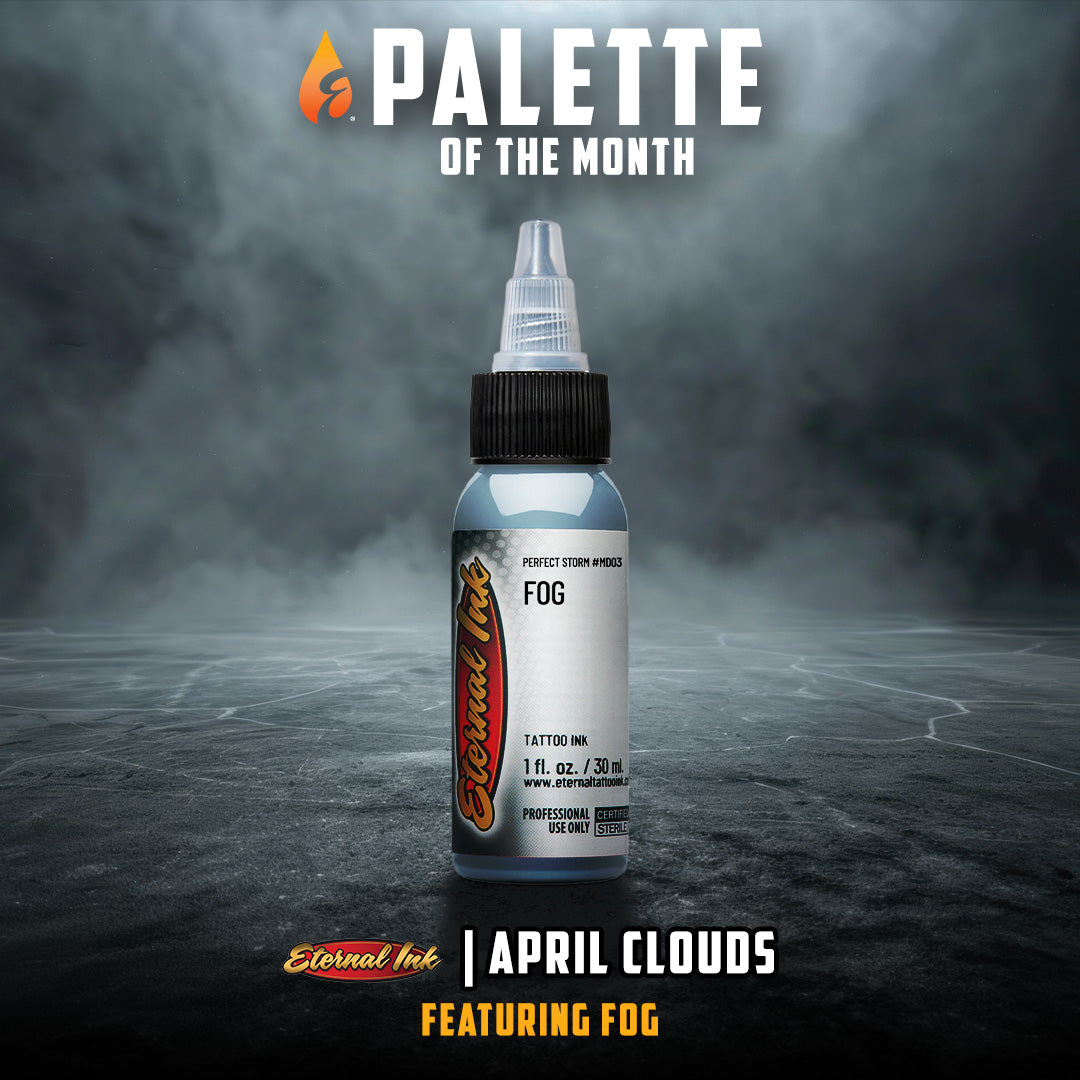 Tattoo ink bottle labeled 'Fog' with 'Palette of the Month' and 'Eternal Ink' branding on a dark background.