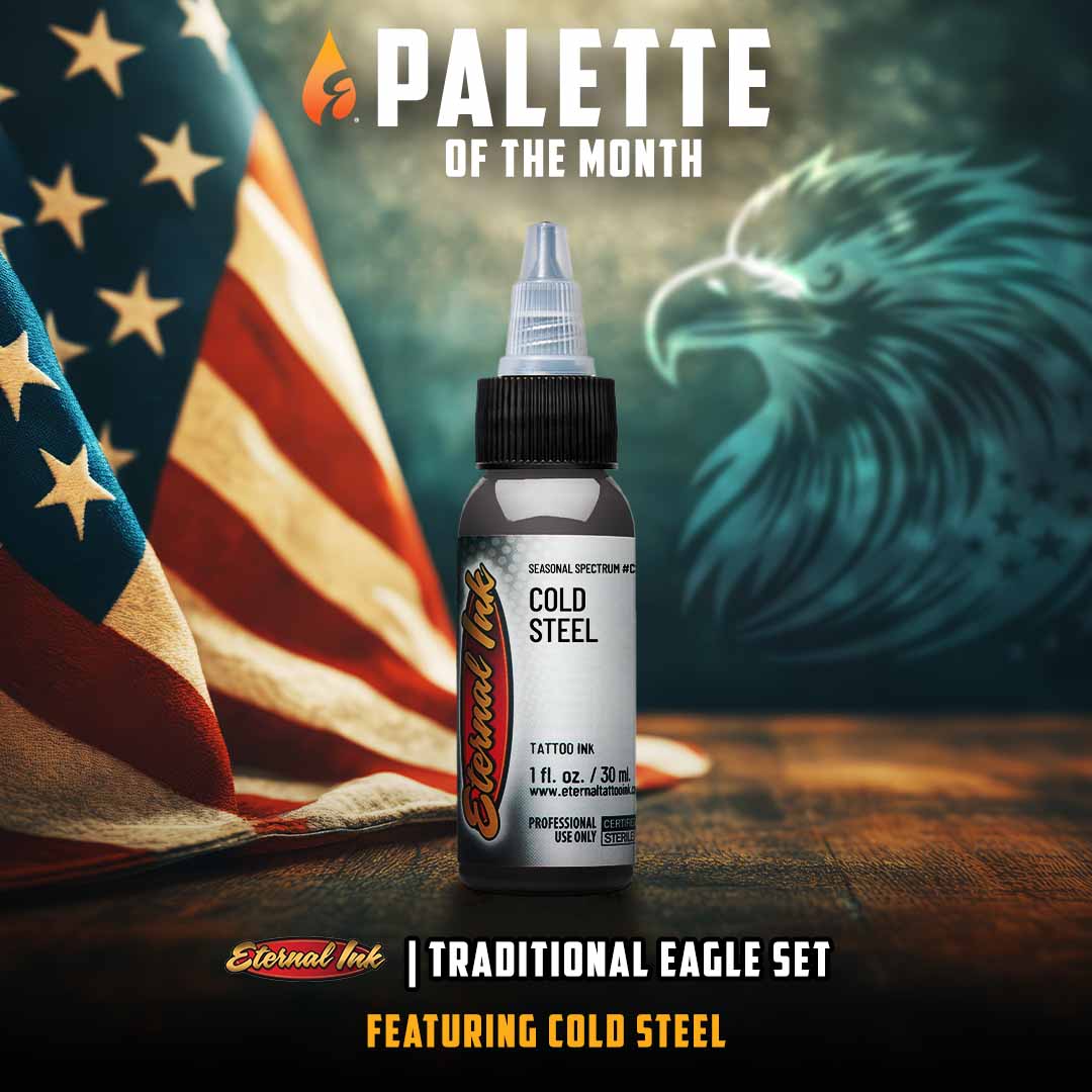 Tattoo ink bottle with American flag and eagle in the background, featuring 'Palette of the Month' and 'Eternal Ink'.