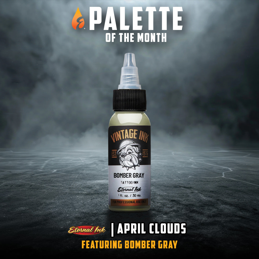 Bottle of Vintage Ink tattoo ink with a dark background and 'Palette of the Month' text.